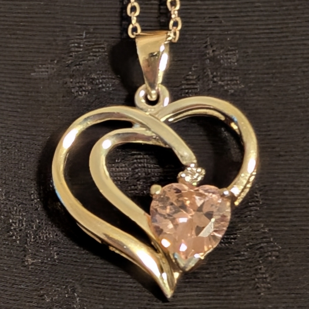 Gold Tone With Silver Tone Solid Sterling Silver Heart Pendant Necklace Pink CZ